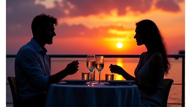 Couple enjoying a romantic dinner cruise on a yacht at sunset, mobile view