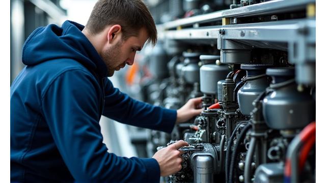 Marine engineers inspecting a yacht engine, mobile view